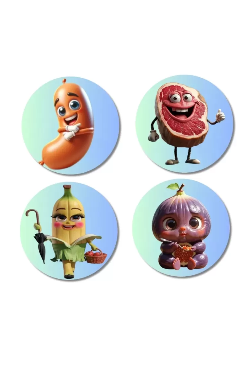 Sausage, Steak, Banana, Fig Fridge Magnets Ã¢â‚¬â€œ 4 Piece Set | 3 Inch Round Wall Fridge Decor (F23304)
