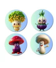 Broccoli, Onion, Mushroom, Mushroom Fridge Magnets Ã¢â‚¬â€œ 4 Piece Set | 3 Inch Round Wall Fridge Decor (F23305)
