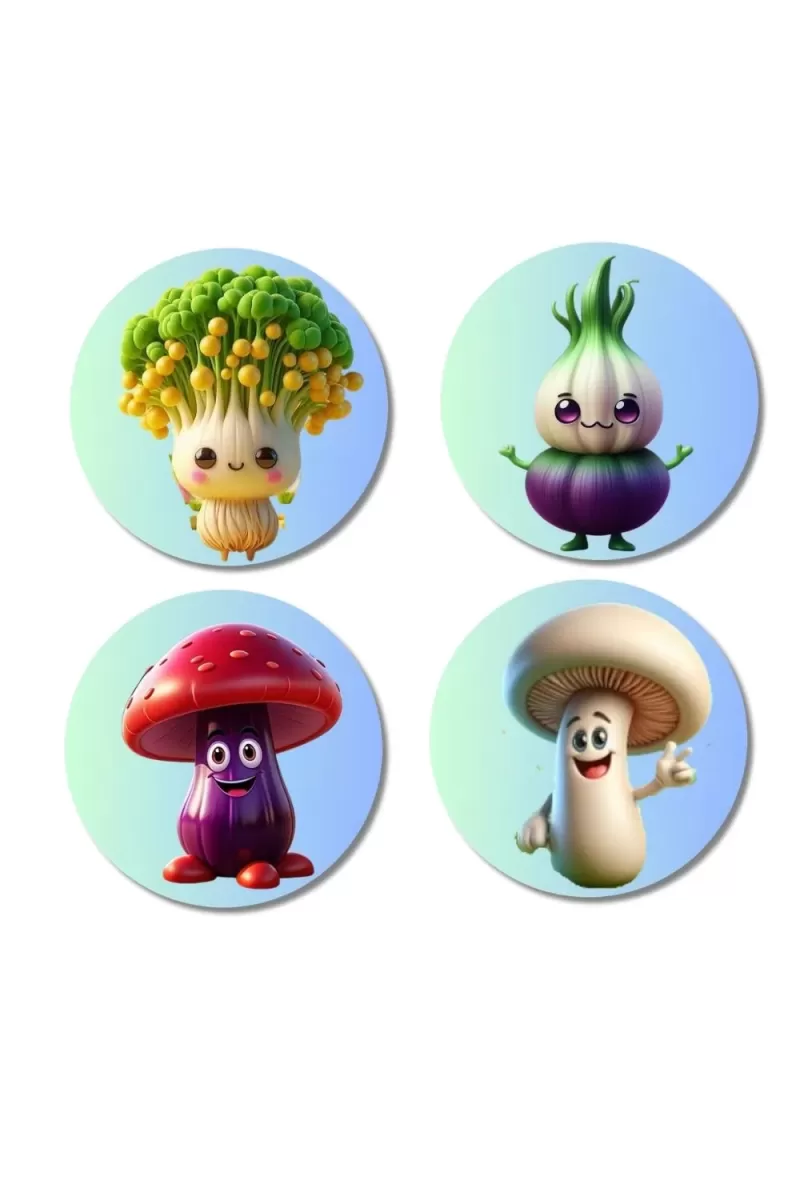 Broccoli, Onion, Mushroom, Mushroom Fridge Magnets Ã¢â‚¬â€œ 4 Piece Set | 3 Inch Round Wall Fridge Decor (F23305)