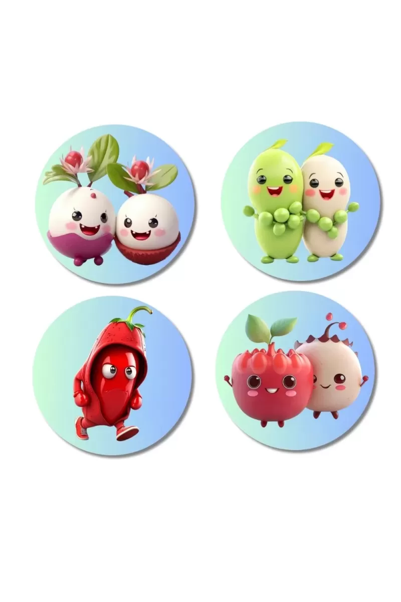 Radish, Peas, Chili, Apple Fridge Magnets Ã¢â‚¬â€œ 4 Piece Set | 3 Inch Round Wall Fridge Decor (F23306)