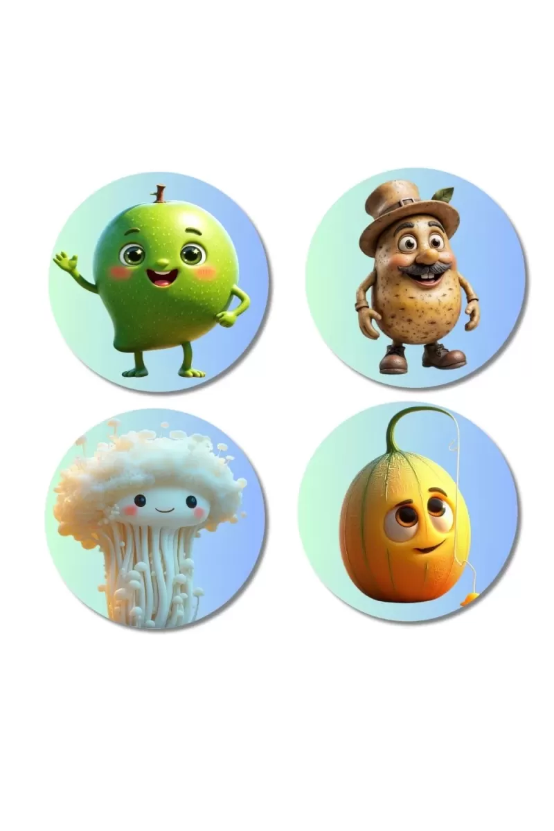Mango, Potato, Cauliflower, Muskmelon Fridge Magnets Ã¢â‚¬â€œ 4 Piece Set | 3 Inch Round Wall Fridge Decor (F23313)