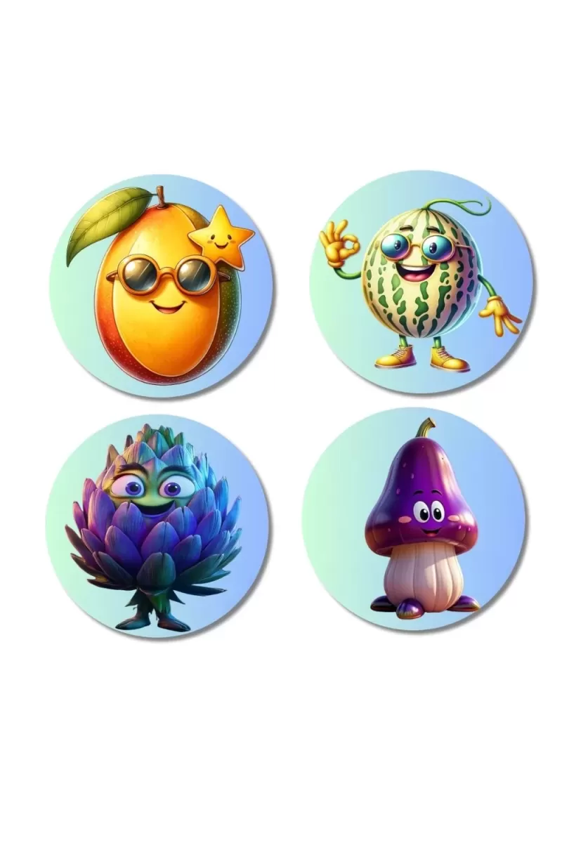 Mango, Watermelon, Artichoke, Mushroom Fridge Magnets Ã¢â‚¬â€œ 4 Piece Set | 3 Inch Round Wall Fridge Decor (F23314)