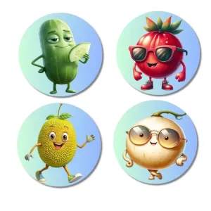 Cucumber, Tomato, Pear, Onion Fridge Magnets Ã¢â‚¬â€œ 4 Piece Set | 3 Inch Round Wall Fridge Decor (F23315)
