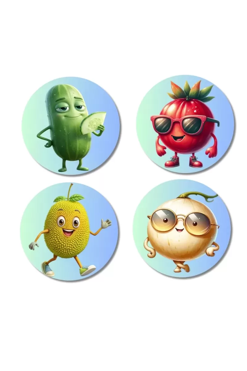 Cucumber, Tomato, Pear, Onion Fridge Magnets Ã¢â‚¬â€œ 4 Piece Set | 3 Inch Round Wall Fridge Decor (F23315)