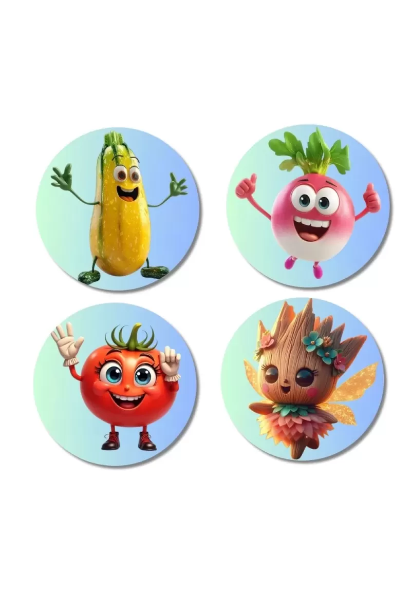 Bottle Gourd, Radish, Tomato, Pineapple Leaf Fairy Fridge Magnets Ã¢â‚¬â€œ 4 Piece Set | 3 Inch Round Wall Fridge Decor (F23317)
