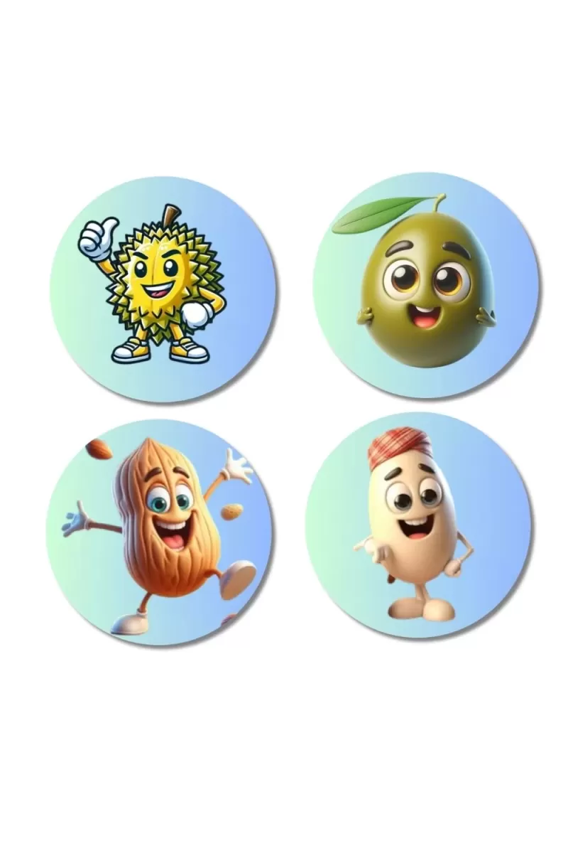 Durian, Olive, Almond, Peanut Fridge Magnets Ã¢â‚¬â€œ 4 Piece Set | 3 Inch Round Wall Fridge Decor (F23318)