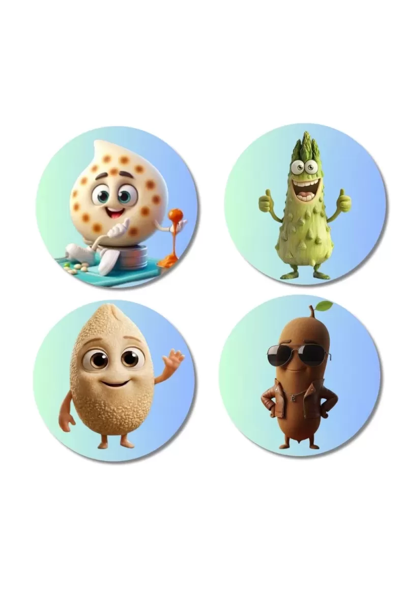 Pomegranate, Bitter Gourd, Cashew, Sapota Fridge Magnets Ã¢â‚¬â€œ 4 Piece Set | 3 Inch Round Wall Fridge Decor (F23319)