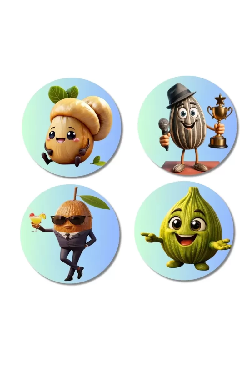 Pomegranate, Bitter Gourd, Cashew, Sapota Fridge Magnets Ã¢â‚¬â€œ 4 Piece Set | 3 Inch Round Wall Fridge Decor (F23320)