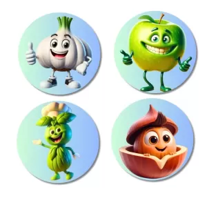 Garlic, Apple, Mint, Walnut Fridge Magnets Ã¢â‚¬â€œ 4 Piece Set | 3 Inch Round Wall Fridge Decor (F23321)