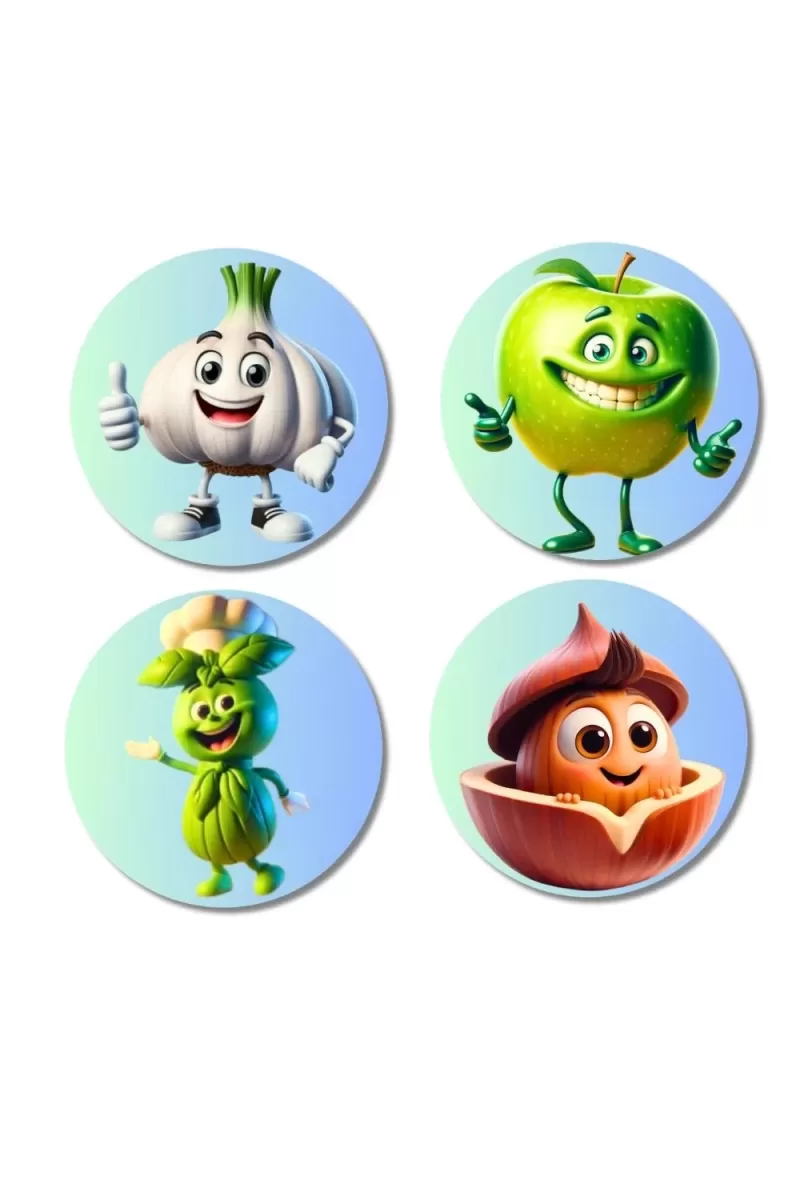Garlic, Apple, Mint, Walnut Fridge Magnets Ã¢â‚¬â€œ 4 Piece Set | 3 Inch Round Wall Fridge Decor (F23321)