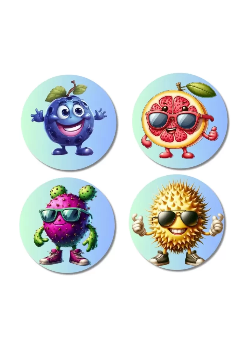 Blueberry, Grapefruit, Dragon Fruit, Durian Fridge Magnets Ã¢â‚¬â€œ 4 Piece Set | 3 Inch Round Wall Fridge Decor (F23323)
