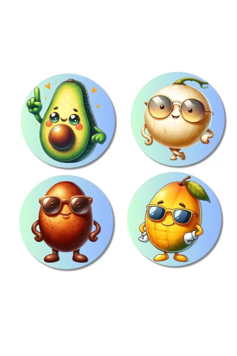 Avocado, Onion, Sapota, Mango Fridge Magnets Ã¢â‚¬â€œ 4 Piece Set | 3 Inch Round Wall Fridge Decor (F23324)