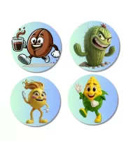 Coffee Bean, Cactus, Lemon, Corn Fridge Magnets Ã¢â‚¬â€œ 4 Piece Set | 3 Inch Round Wall Fridge Decor (F23326)