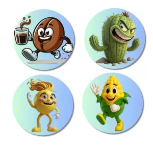 Coffee Bean, Cactus, Lemon, Corn Fridge Magnets Ã¢â‚¬â€œ 4 Piece Set | 3 Inch Round Wall Fridge Decor (F23326)
