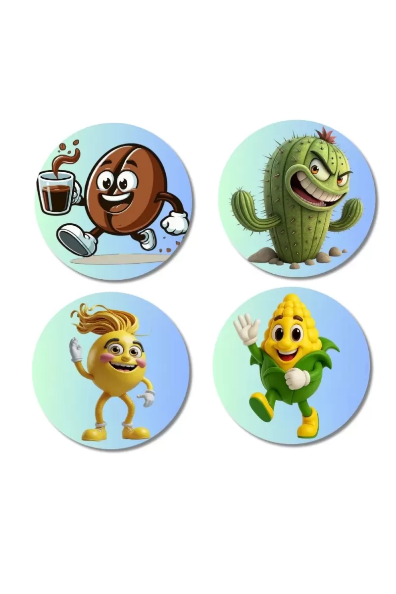 Coffee Bean, Cactus, Lemon, Corn Fridge Magnets Ã¢â‚¬â€œ 4 Piece Set | 3 Inch Round Wall Fridge Decor (F23326)