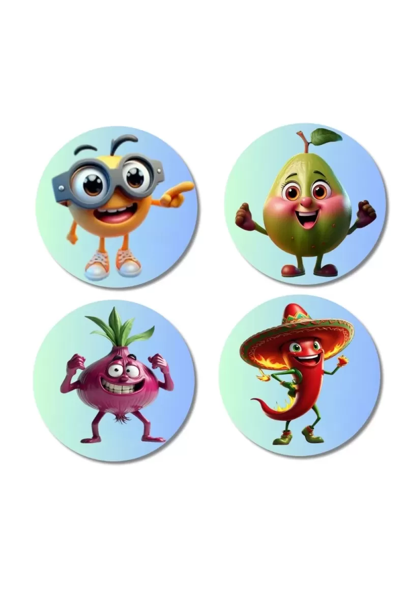 Orange, Pear, Onion, Chilli Fridge Magnets Ã¢â‚¬â€œ 4 Piece Set | 3 Inch Round Wall Fridge Decor (F23329)