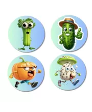 Celery, Cucumber, Pumpkin, Mushroom Fridge Magnets Ã¢â‚¬â€œ 4 Piece Set | 3 Inch Round Wall Fridge Decor (F23331)