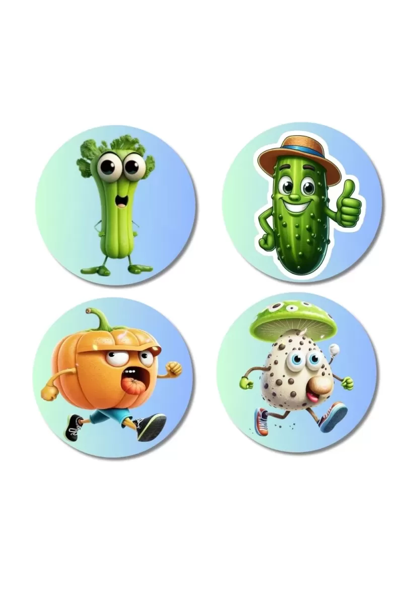 Celery, Cucumber, Pumpkin, Mushroom Fridge Magnets Ã¢â‚¬â€œ 4 Piece Set | 3 Inch Round Wall Fridge Decor (F23331)