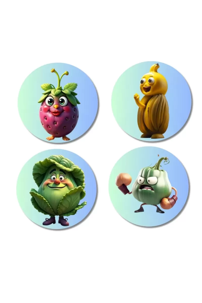 Strawberry, Sapota, Cabbage, Garlic Fridge Magnets Ã¢â‚¬â€œ 4 Piece Set | 3 Inch Round Wall Fridge Decor (F23332)