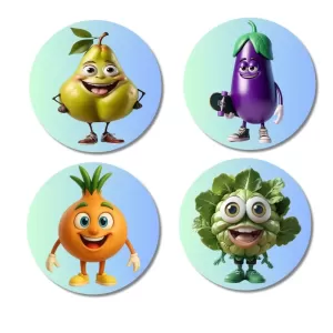 Beetroot, Pear, Radish, Mint Fridge Magnets Ã¢â‚¬â€œ 4 Piece Set | 3 Inch Round Wall Fridge Decor (F23333)