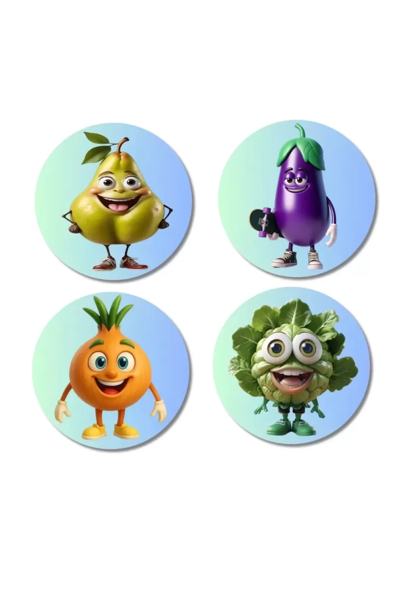 Beetroot, Pear, Radish, Mint Fridge Magnets Ã¢â‚¬â€œ 4 Piece Set | 3 Inch Round Wall Fridge Decor (F23333)