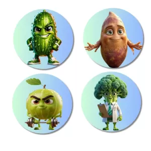 Cucumber, Sweet Potato, Guava, Broccoli Fridge Magnets Ã¢â‚¬â€œ 4 Piece Set | 3 Inch Round Wall Fridge Decor (F23335)