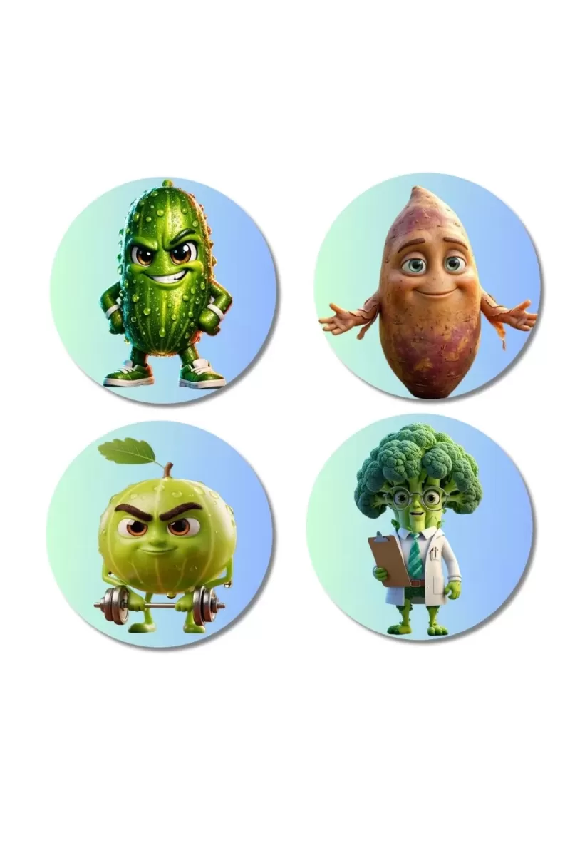 Cucumber, Sweet Potato, Guava, Broccoli Fridge Magnets Ã¢â‚¬â€œ 4 Piece Set | 3 Inch Round Wall Fridge Decor (F23335)