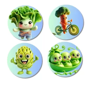 Lettuce, Carrot, Custard Apple, Peas Fridge Magnets Ã¢â‚¬â€œ 4 Piece Set | 3 Inch Round Wall Fridge Decor (F23336)