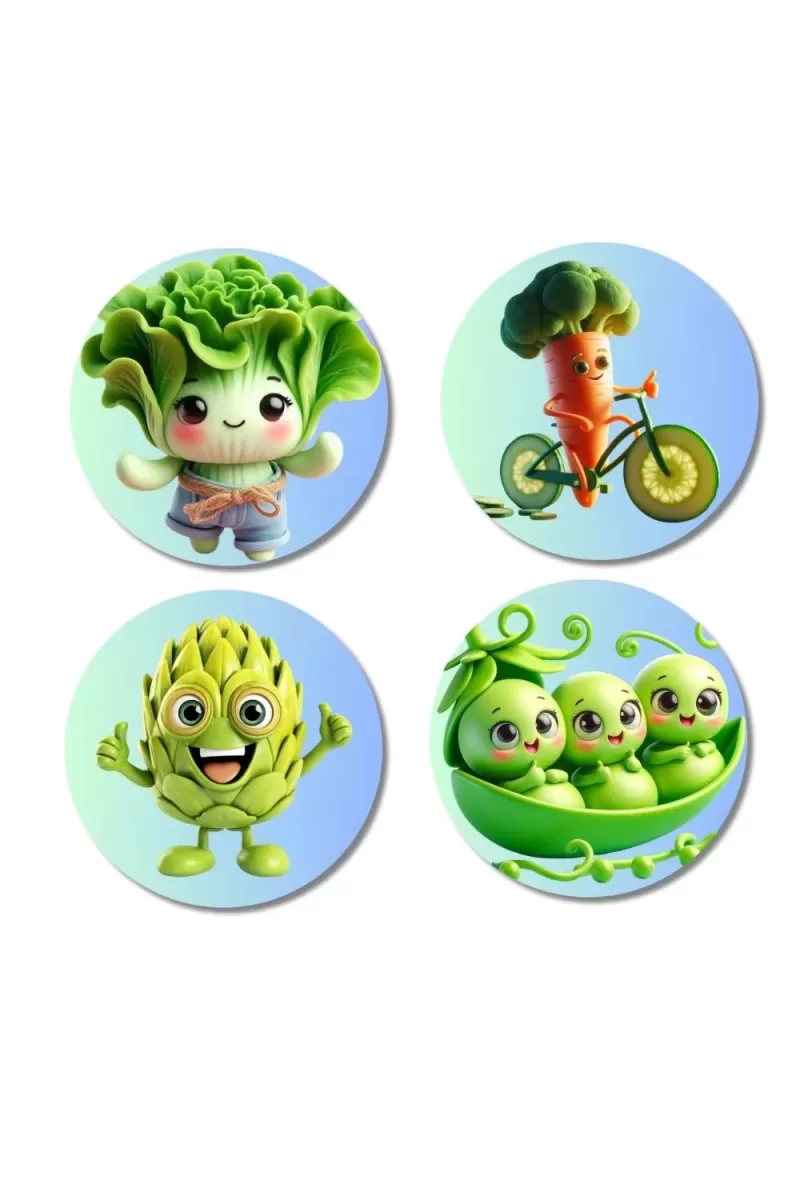 Lettuce, Carrot, Custard Apple, Peas Fridge Magnets Ã¢â‚¬â€œ 4 Piece Set | 3 Inch Round Wall Fridge Decor (F23336)